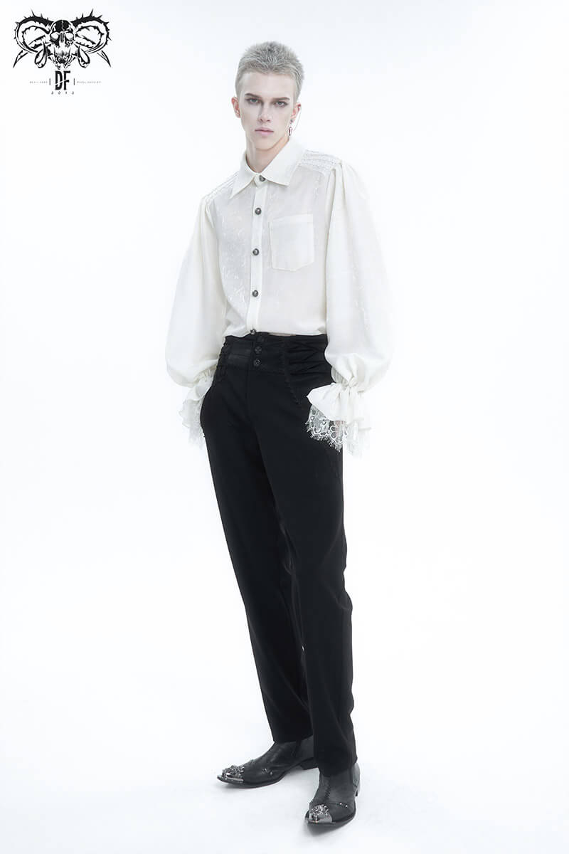 Men's vintage Gothic shirt with puff sleeves, turn-down collar, and floral embossing, styled for bold fashion statements.