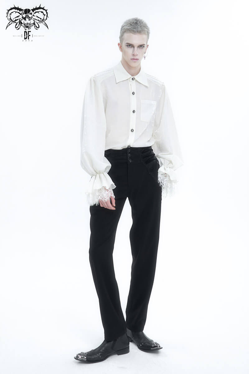Gothic men's vintage shirt with puff sleeves, turn-down collar, and floral details, styled with sleek black trousers.