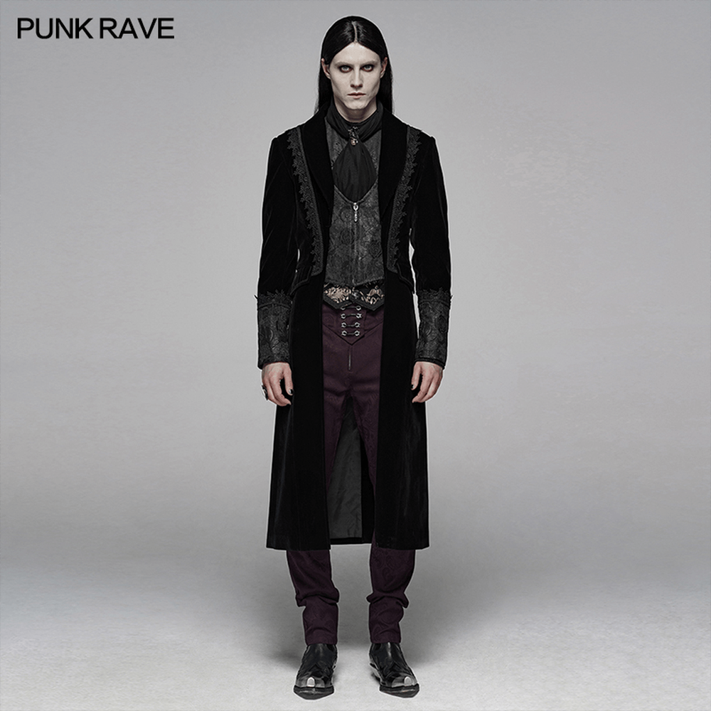 Gothic men's black velvet cape with jacquard vest and lace details, perfect for a stylish dark fashion statement.