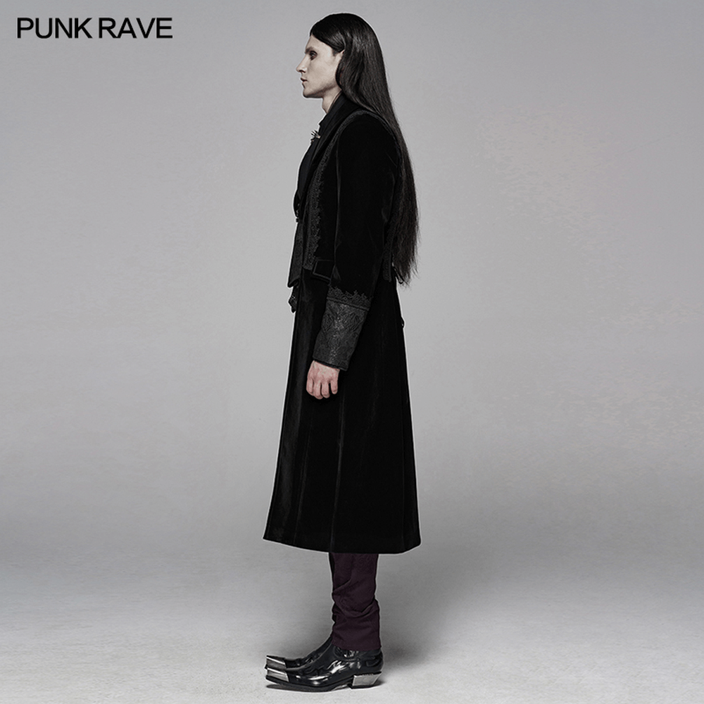 Gothic men's black velvet cape with jacquard vest, tailored fit, and lace accents, showcasing a unique style.