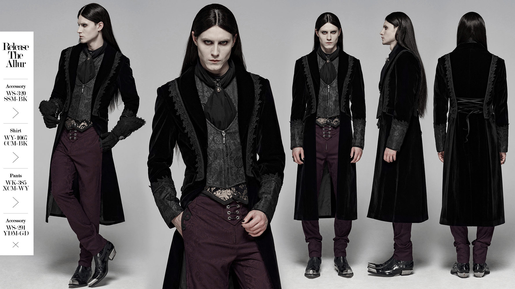 Gothic men's velvet cape with jacquard vest, showcasing lace accents and tailored design.
