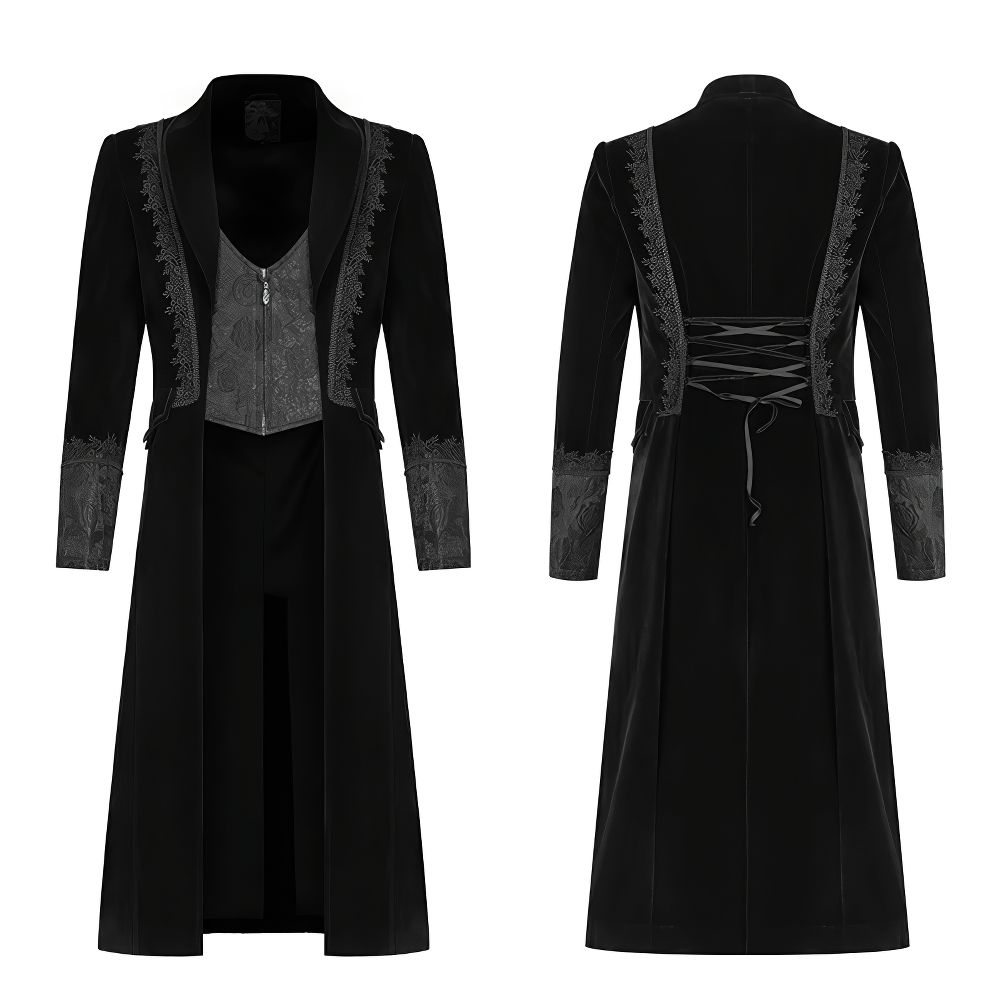 Gothic men's black velvet cape with jacquard vest and lace accents, showcasing adjustable lace-up back detail.
