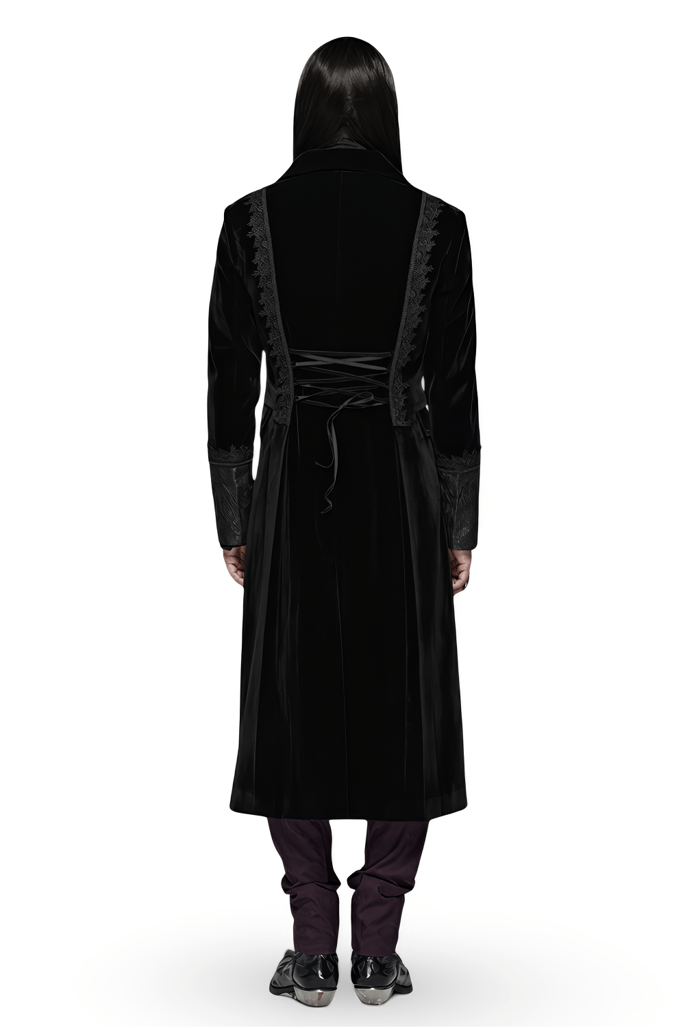Back view of Gothic men's black velvet cape with jacquard vest and lace-up detail.