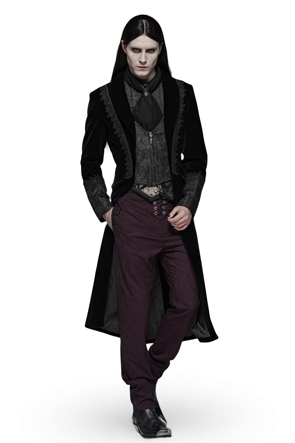 Gothic men's velvet cape with jacquard vest, featuring lace accents and tailored fit for a stylish look.