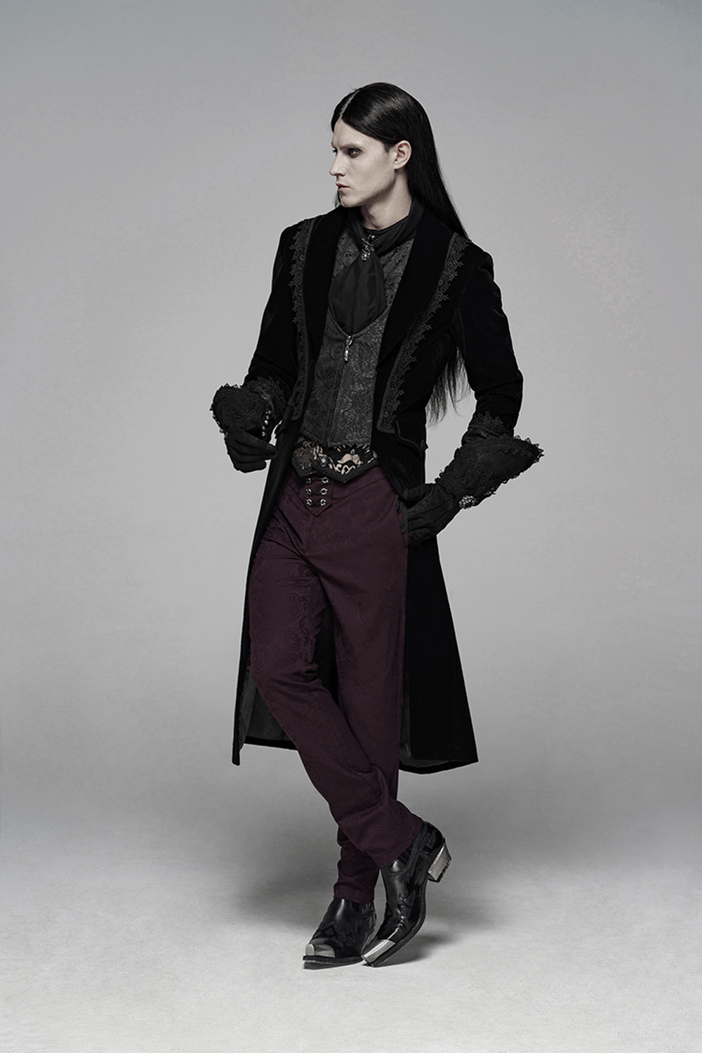 Gothic men's black velvet cape with jacquard vest, stylish gothic outfit featuring lace accents and tailored design.