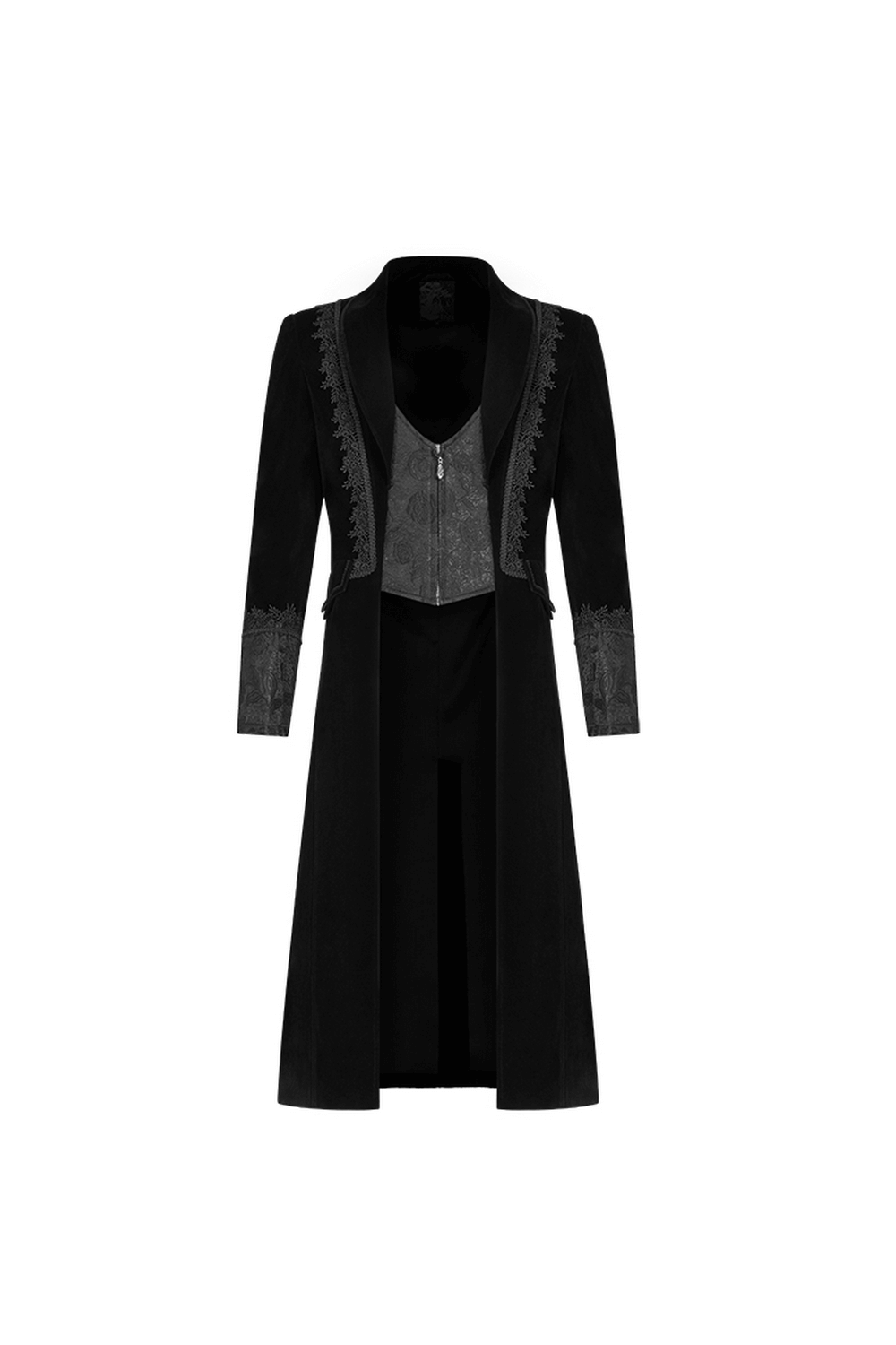 Gothic men's black velvet cape featuring jacquard vest, lace accents, and tailored fit for a striking look.