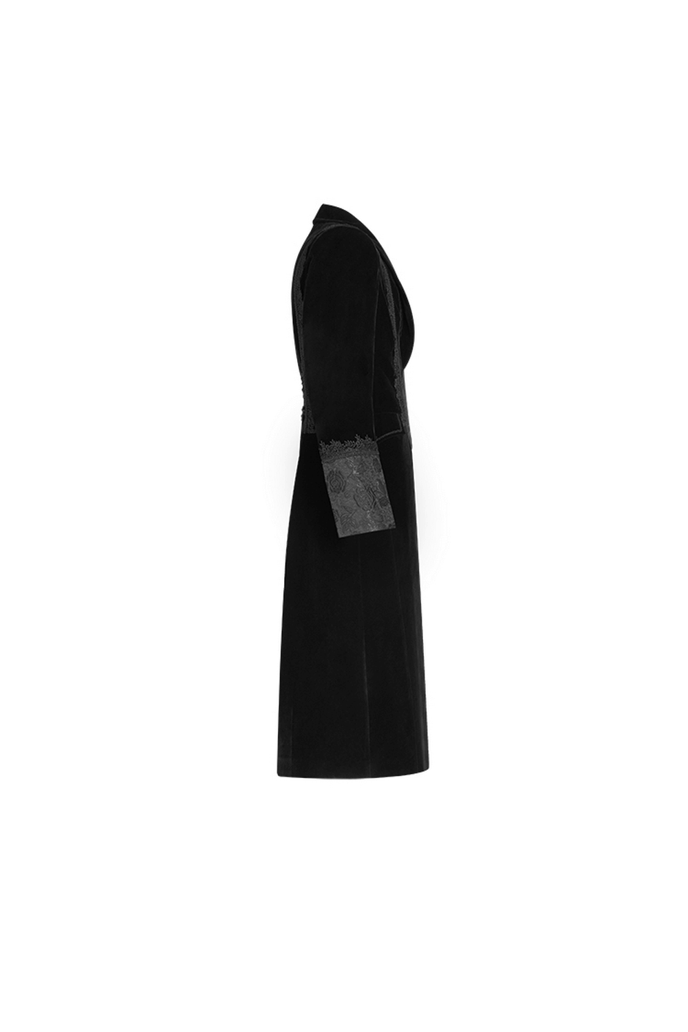 Side view of Gothic men's black velvet cape with jacquard vest and lace accents.
