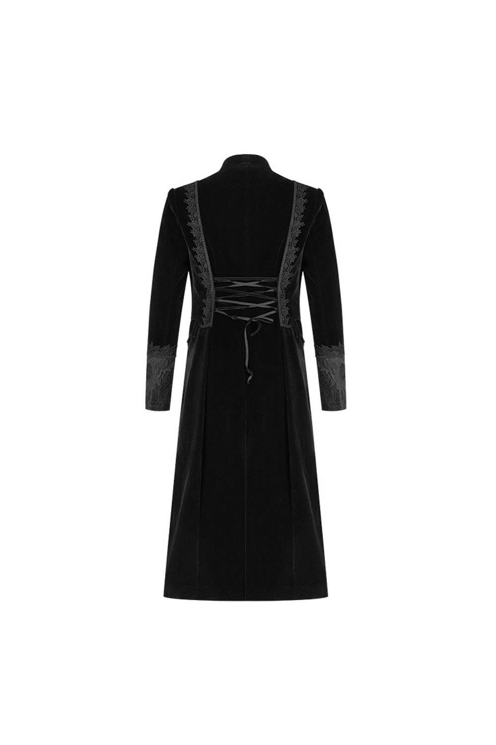 Back view of Gothic men's black velvet cape with adjustable lace-up detail and jacquard lace accents.