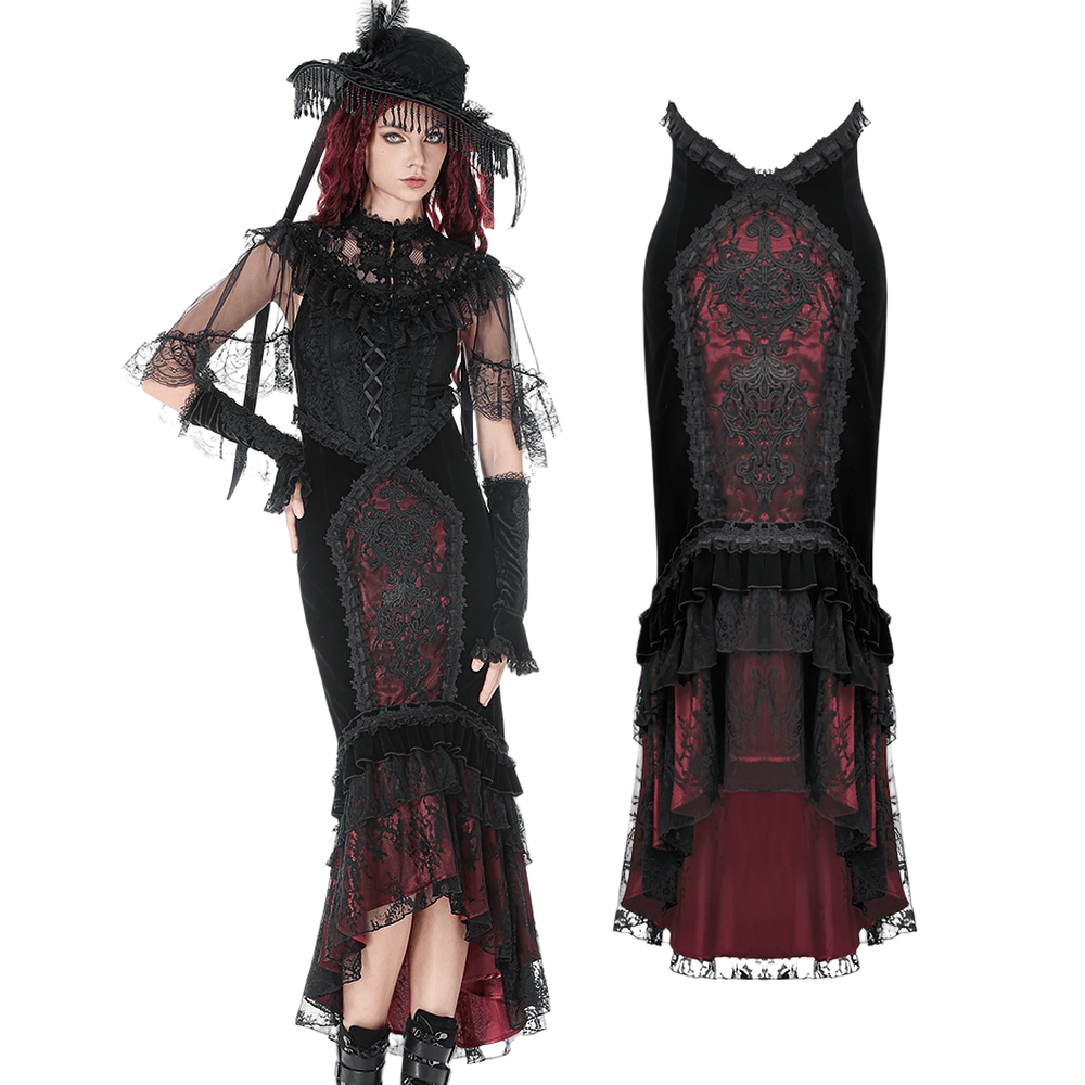 Gothic Mermaid Lace Skirt with Layers and Ruffled Hem shown on a model in a dramatic black and red design.