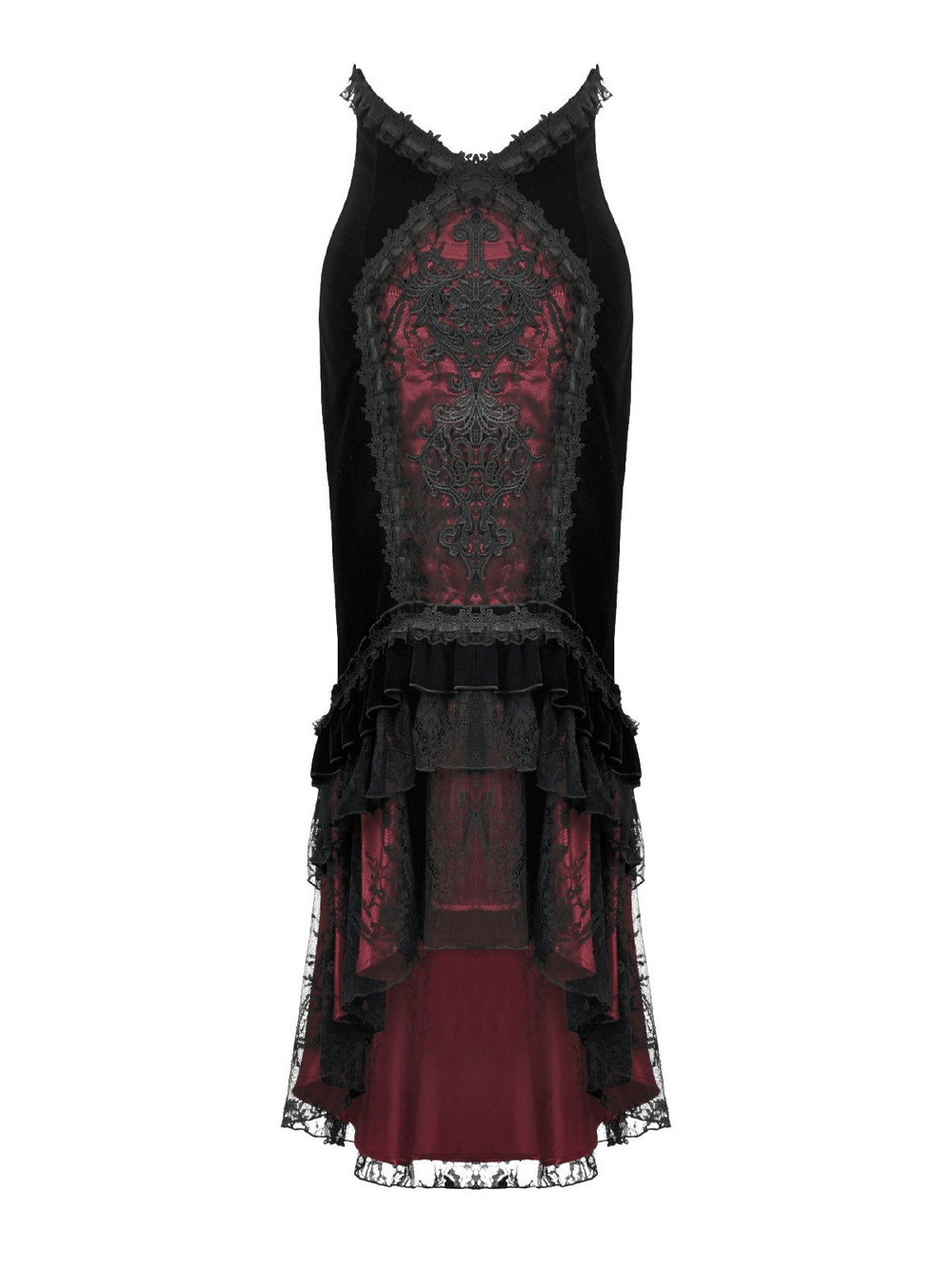 Gothic Mermaid Lace Skirt with Layers and Ruffled Hem in black and burgundy with layered ruffles and lace details.