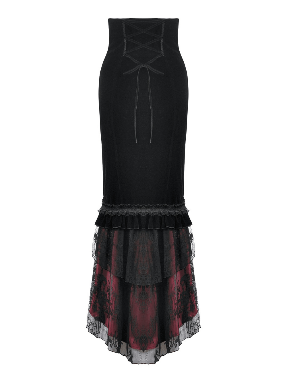 Gothic Mermaid Lace Skirt with Layers and Ruffled Hem featuring dramatic layers and a ruffled hem.