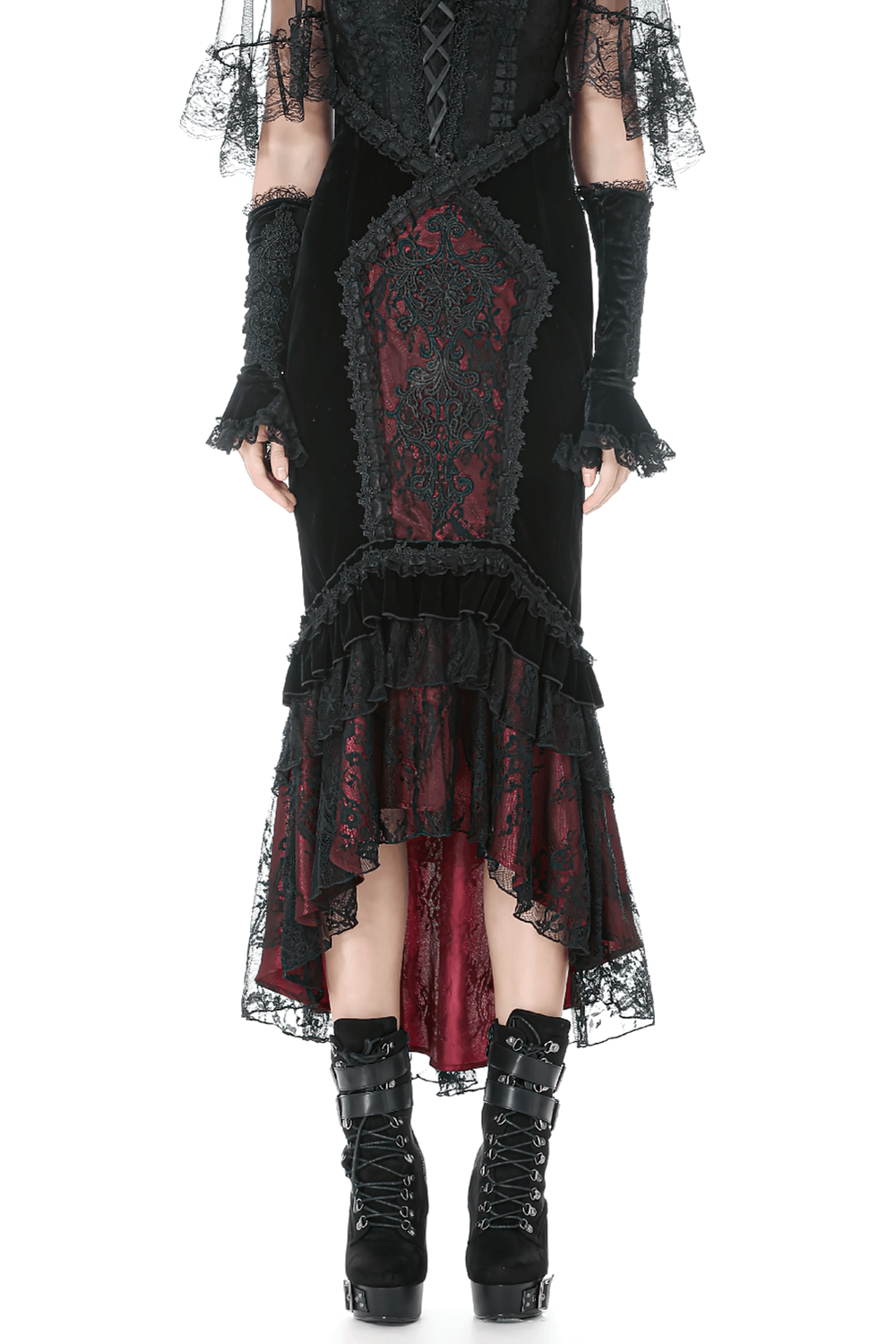 Gothic Mermaid Lace Skirt with Layers and Ruffled Hem featuring dramatic lace and layered design.