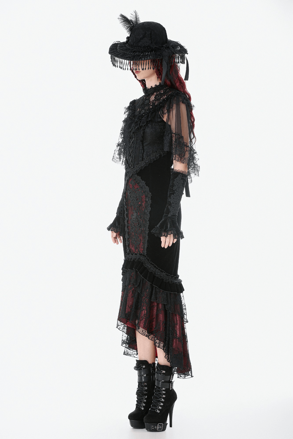 Gothic Mermaid Lace Skirt with Layers and Ruffled Hem worn by model showcasing elegant Gothic style.