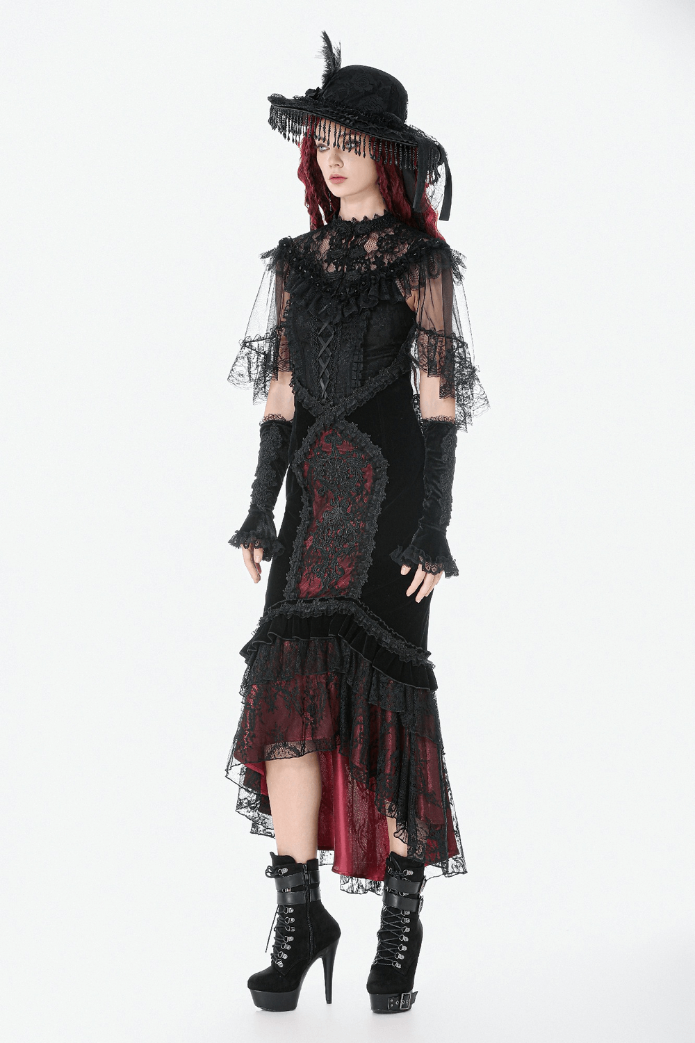 Gothic Mermaid Lace Skirt with Layers and Ruffled Hem showcased on a mannequin with striking black and red details.