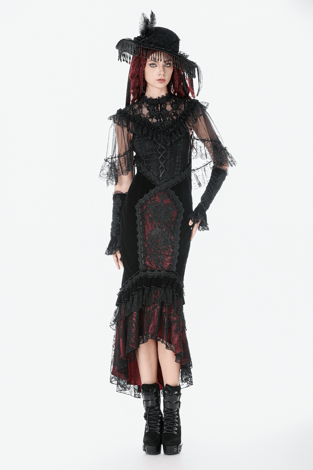 Gothic Mermaid Lace Skirt with Layers and Ruffled Hem modeled with a dramatic layered ruffled design and gothic accessories.