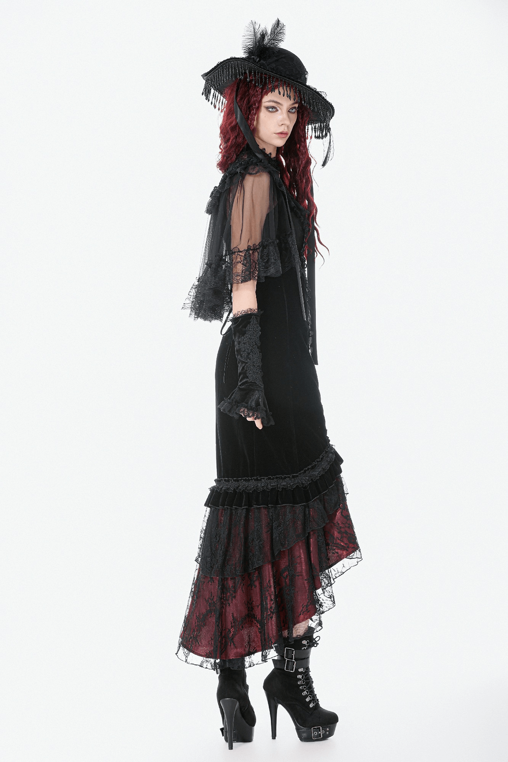 Gothic Mermaid Lace Skirt with Layers and Ruffled Hem styled with vintage gothic accessories.