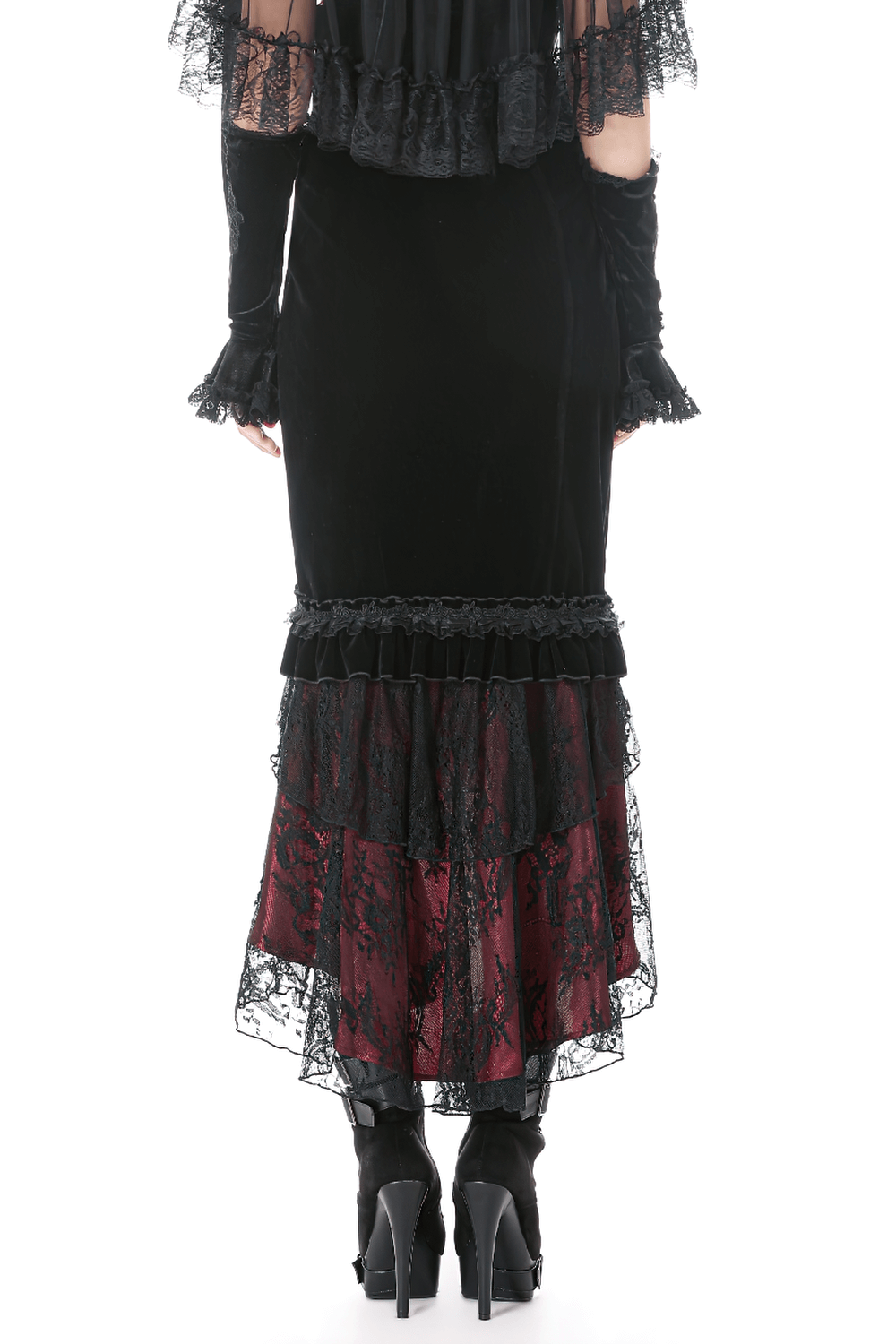 Gothic Mermaid Lace Skirt with Layers and Ruffled Hem showcasing dramatic lace layers and elegant silhouette.