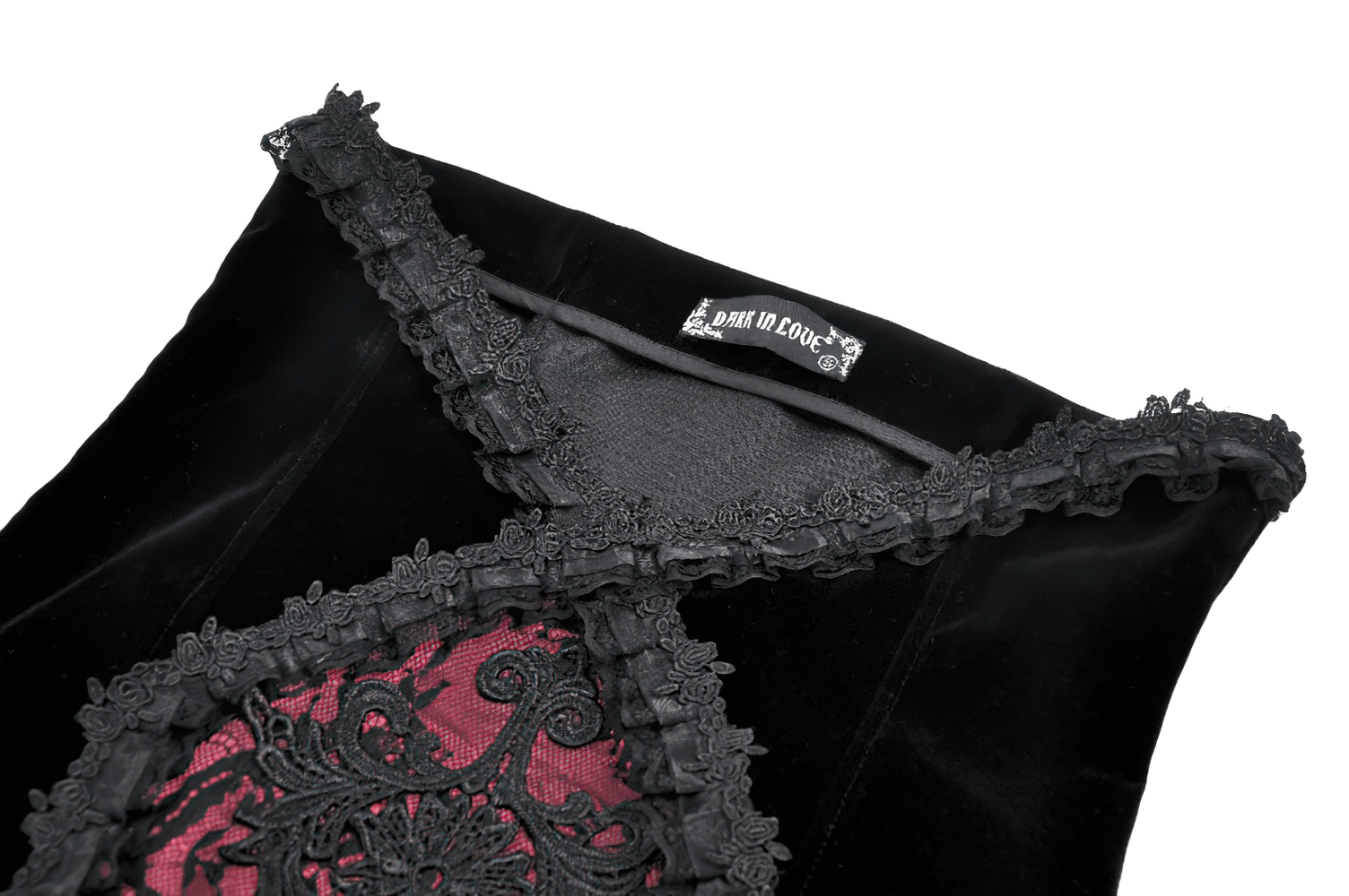 Gothic Mermaid Lace Skirt with Layers and Ruffled Hem, showing intricate lace detail and dramatic design close-up.