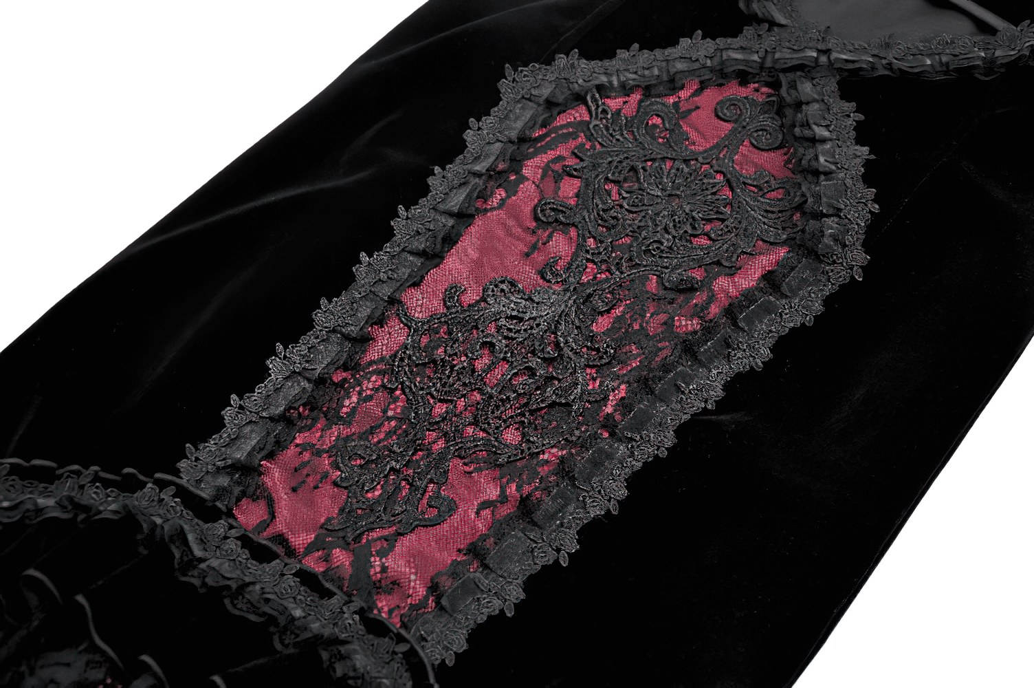 Gothic Mermaid Lace Skirt with Layers and Ruffled Hem featuring intricate black lace and burgundy accents.