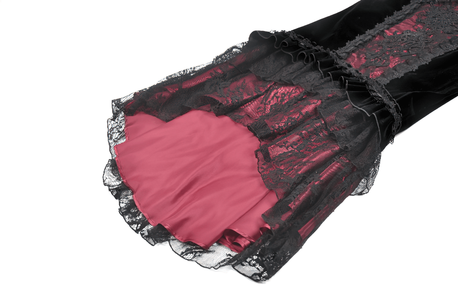 Gothic Mermaid Lace Skirt with Layers and Ruffled Hem showcasing a layered black and pink design with intricate lace details.