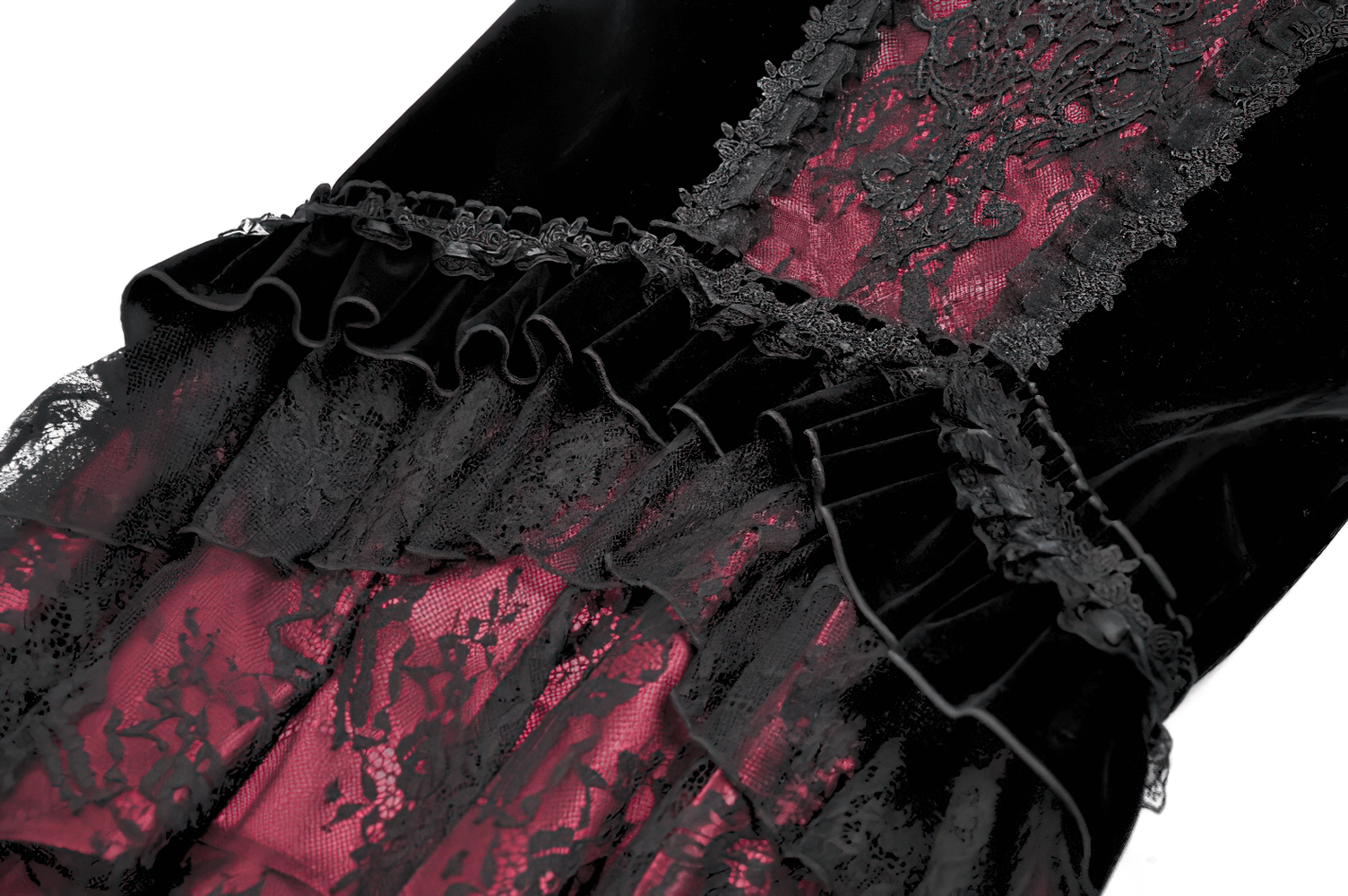 Gothic Mermaid Lace Skirt with Layers and Ruffled Hem showcasing layers of lace and ruffles in black and burgundy.