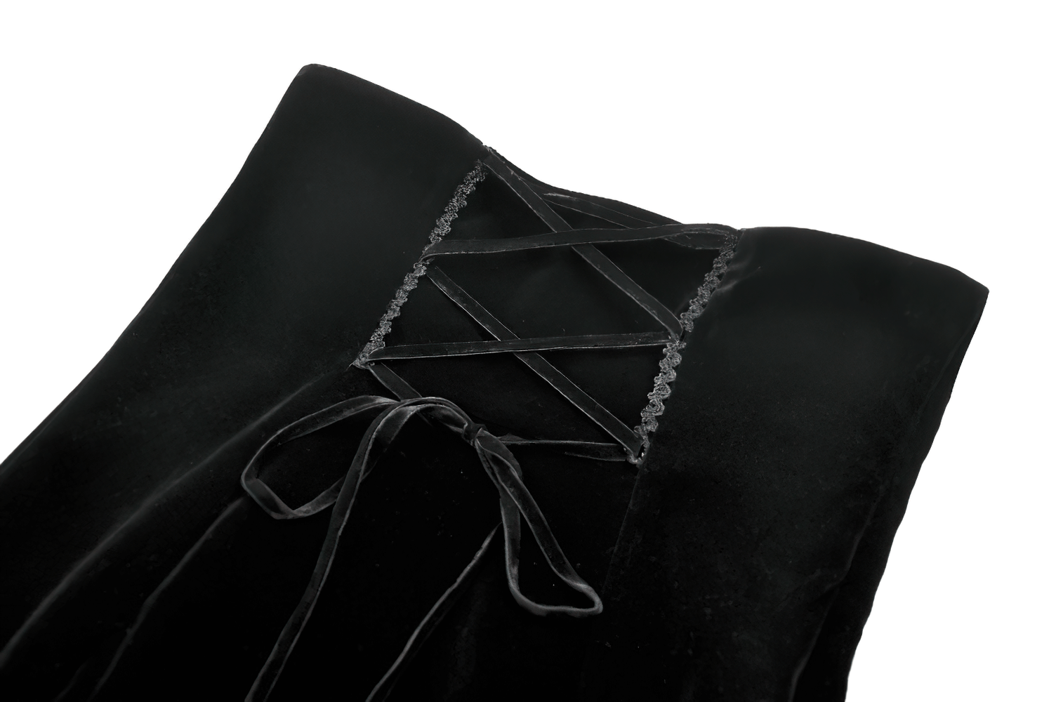 Gothic Mermaid Lace Skirt with Layers and Ruffled Hem close-up of lace detailing and ribbon lacing.