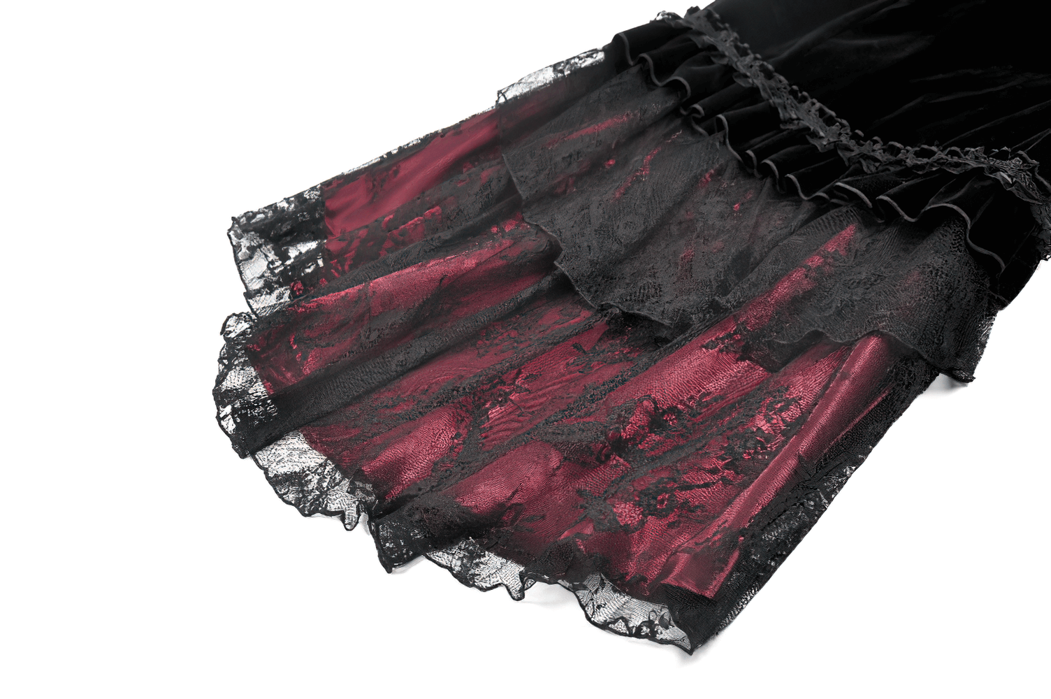 Gothic Mermaid Lace Skirt with Layers and Ruffled Hem featuring elegant black and burgundy lace details.
