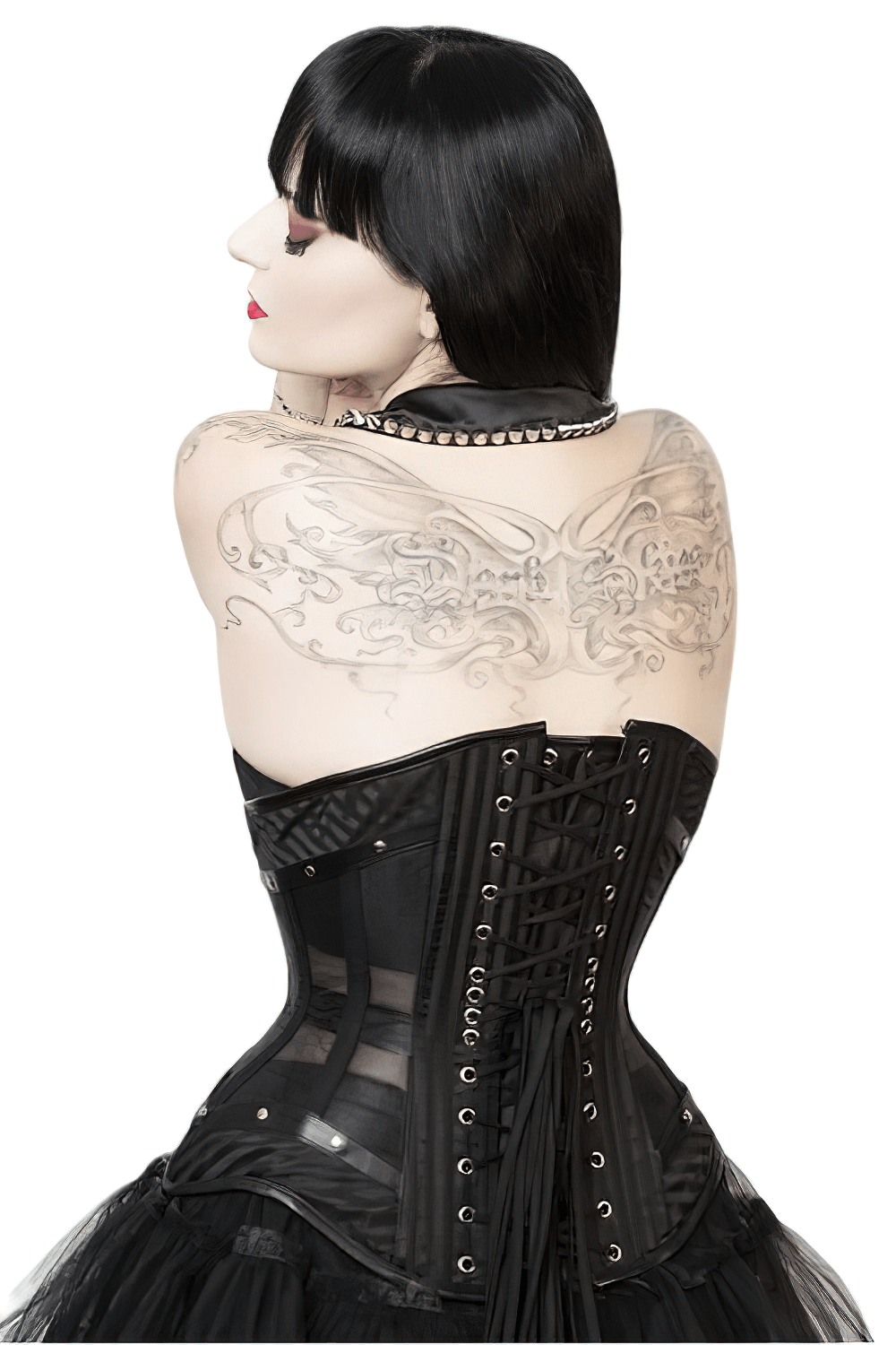 Gothic black mesh and brocade underbust corset with lace-up back and tattoo detail, perfect for waist shaping.