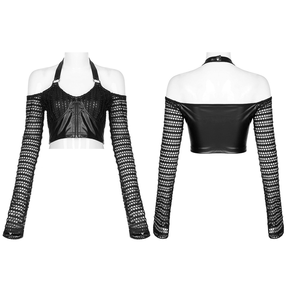 Gothic off-shoulder crop top with mesh sleeves and faux leather detail, featuring a stylish front zipper and bold navel-baring cut.