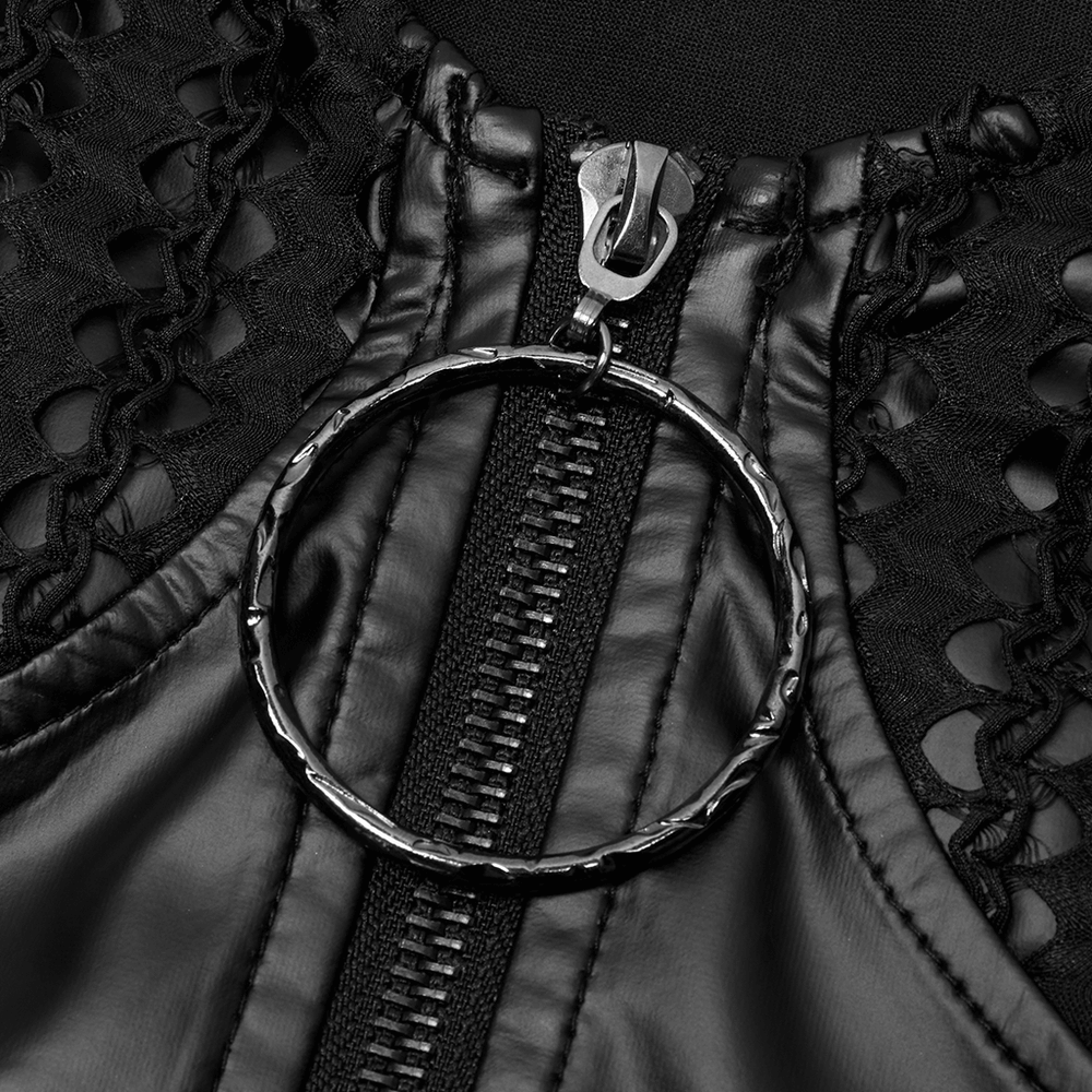 Close-up of the edgy zipper detail on a gothic mesh and faux leather off-shoulder crop top, featuring a circular zipper pull.