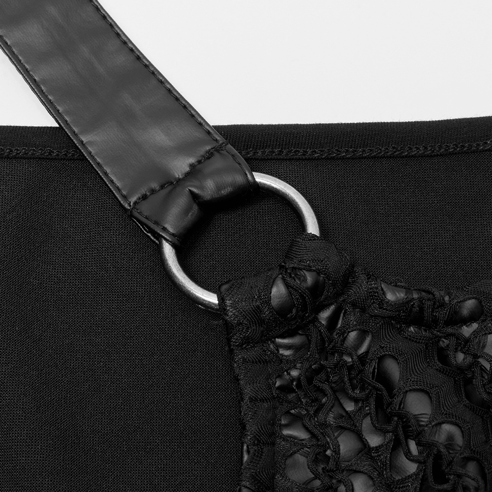 close-up of gothic mesh and faux leather off-shoulder crop top with ring detail and textured fabric.