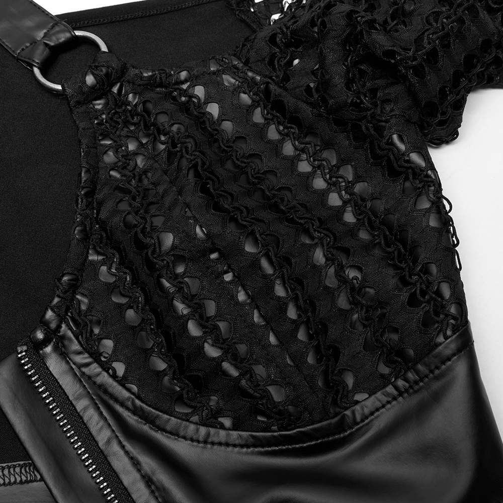 Close-up of gothic mesh and faux leather off-shoulder crop top highlighting intricate lace details and edgy zipper design.