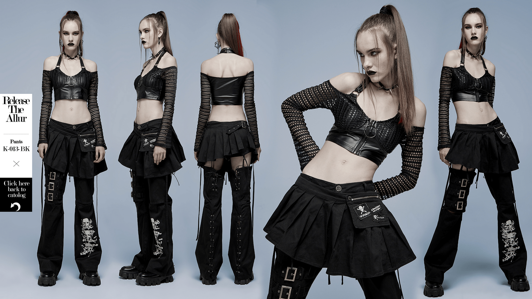 Gothic off-shoulder crop top with zipper, mesh and faux leather, styled with edgy black pants and accessories.