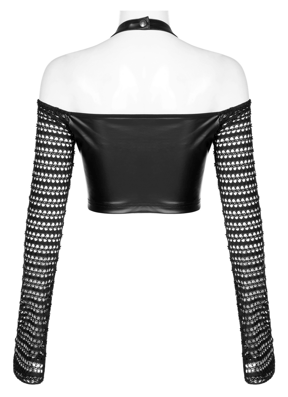 Back view of gothic off-shoulder crop top in faux leather with mesh sleeves, showcasing edgy style and bold design.