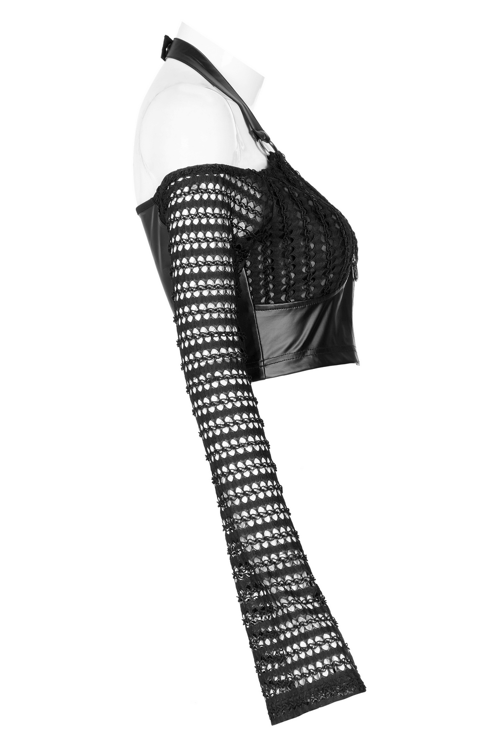 Gothic mesh and faux leather off-shoulder crop top with a zipper front, showcasing edgy style and playful vibe.