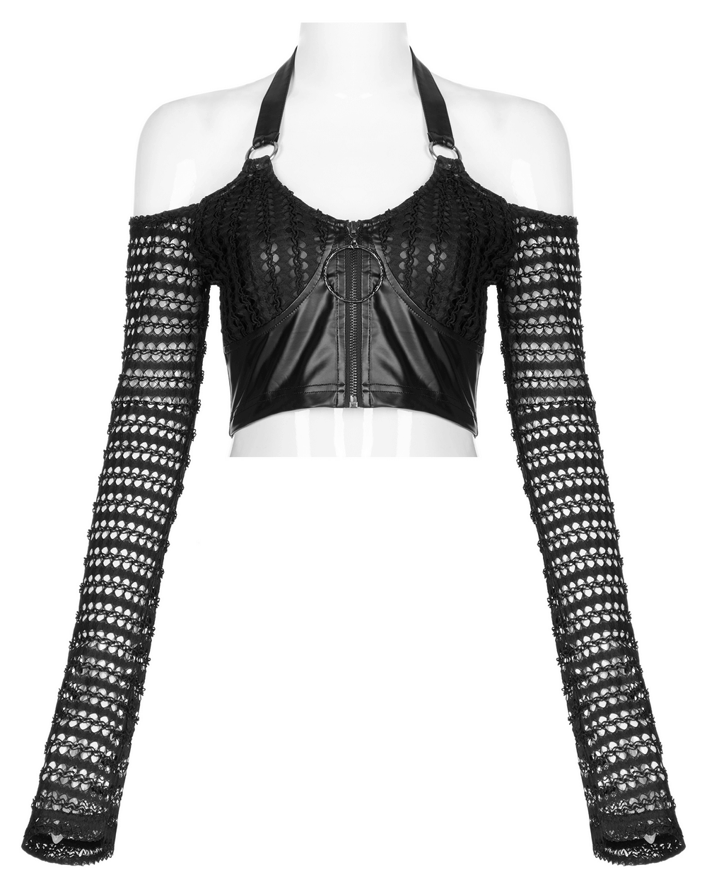 Gothic off-shoulder crop top with mesh sleeves and faux leather bodice featuring a zipper front for an edgy look.