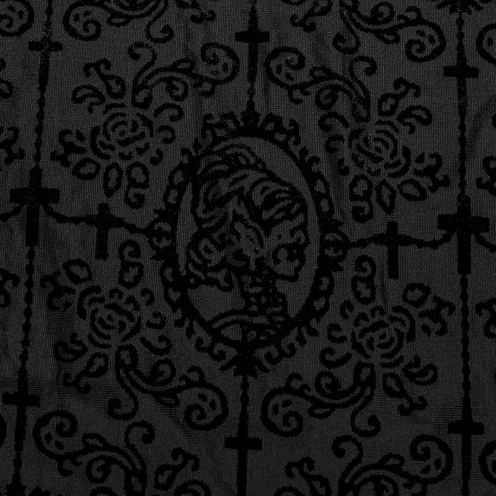 Elegant black fabric featuring a Gothic flocking pattern with intricate floral and skull designs.