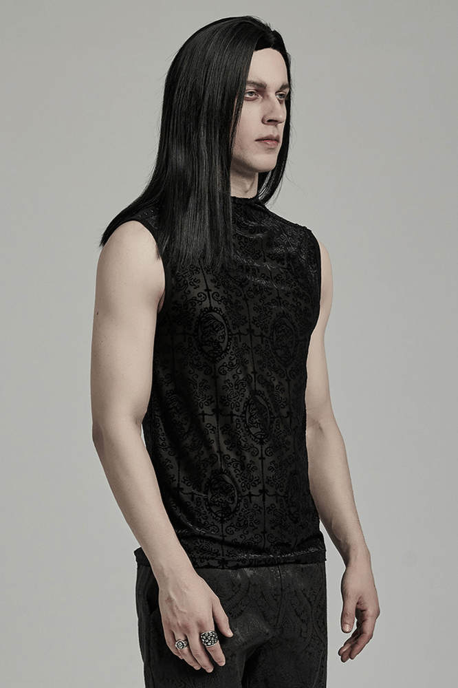 Men's Gothic black mesh top with flocking pattern, showcasing stylish design and elegant details.