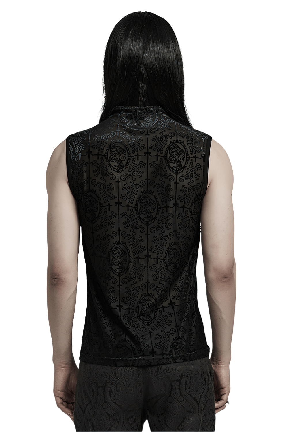 Back view of a man wearing a Gothic black mesh top with flocking pattern, showcasing dark elegance and style.