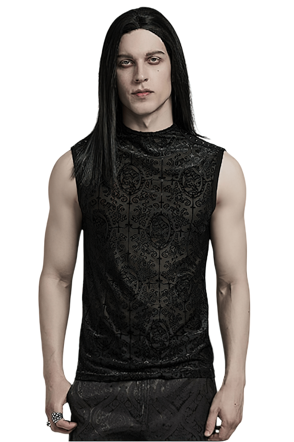 Gothic Mesh Black Top with Flocking Pattern for Men