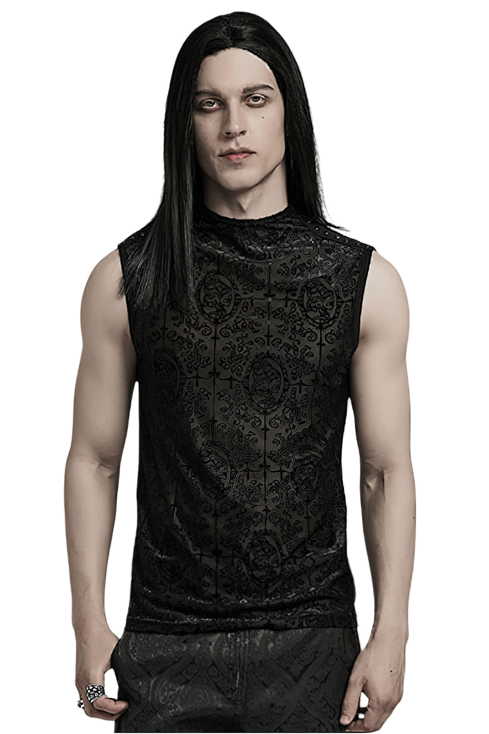 Men's Gothic mesh black top with flocking pattern, showcasing dark elegance and unique shoulder details.