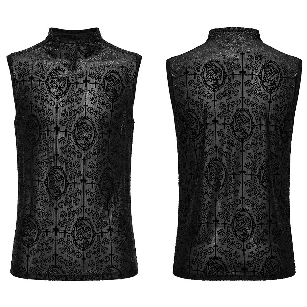 Gothic mesh black top with flocking pattern for men, featuring decorative webbing details.