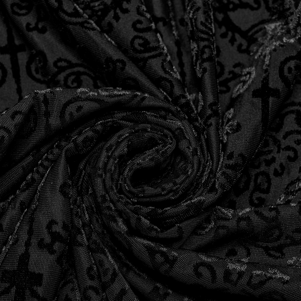 Close-up of Gothic black mesh fabric with intricate flocking pattern, perfect for stylish men’s tops.