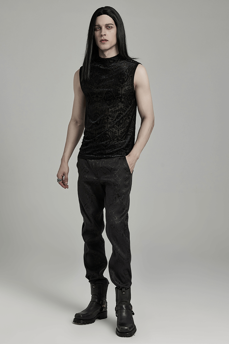Gothic mesh black top with flocking pattern worn by a model, exuding dark elegance and edgy style.