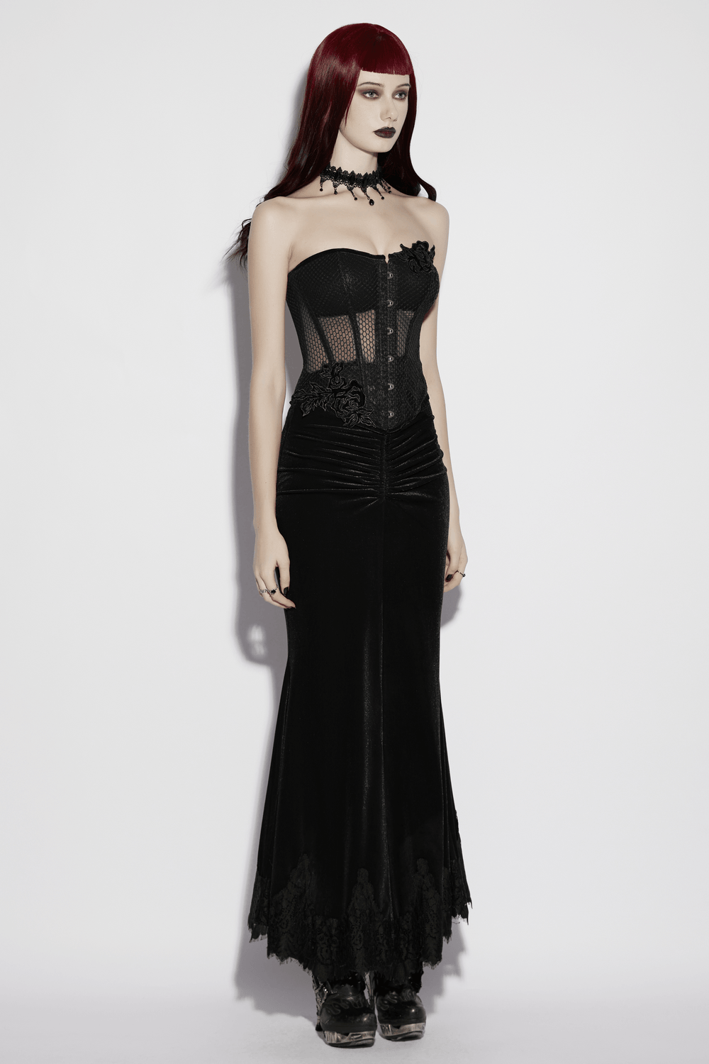Gothic Mesh Corset Top with Velvet Rose Appliques worn by a mannequin, showcasing the sheer mesh and elegant rose details.