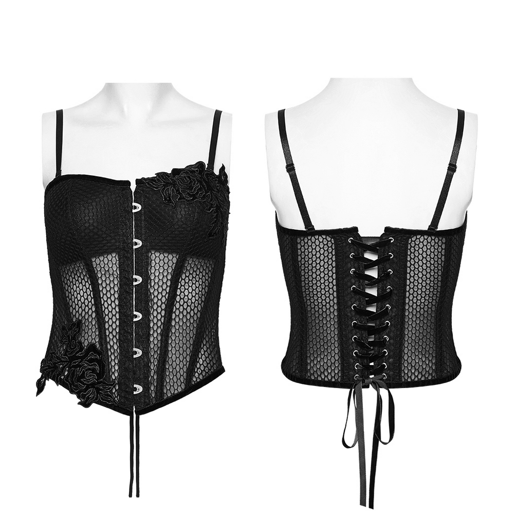 Gothic Mesh Corset Top with Velvet Rose Appliques featuring a sculpted structure and lace-up back.