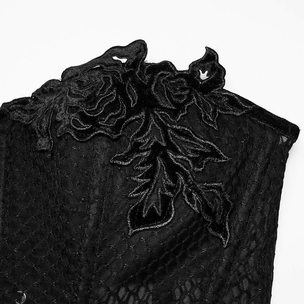Gothic Mesh Corset Top with Velvet Rose Appliques featuring intricate velvet rose detailing on sheer mesh fabric.