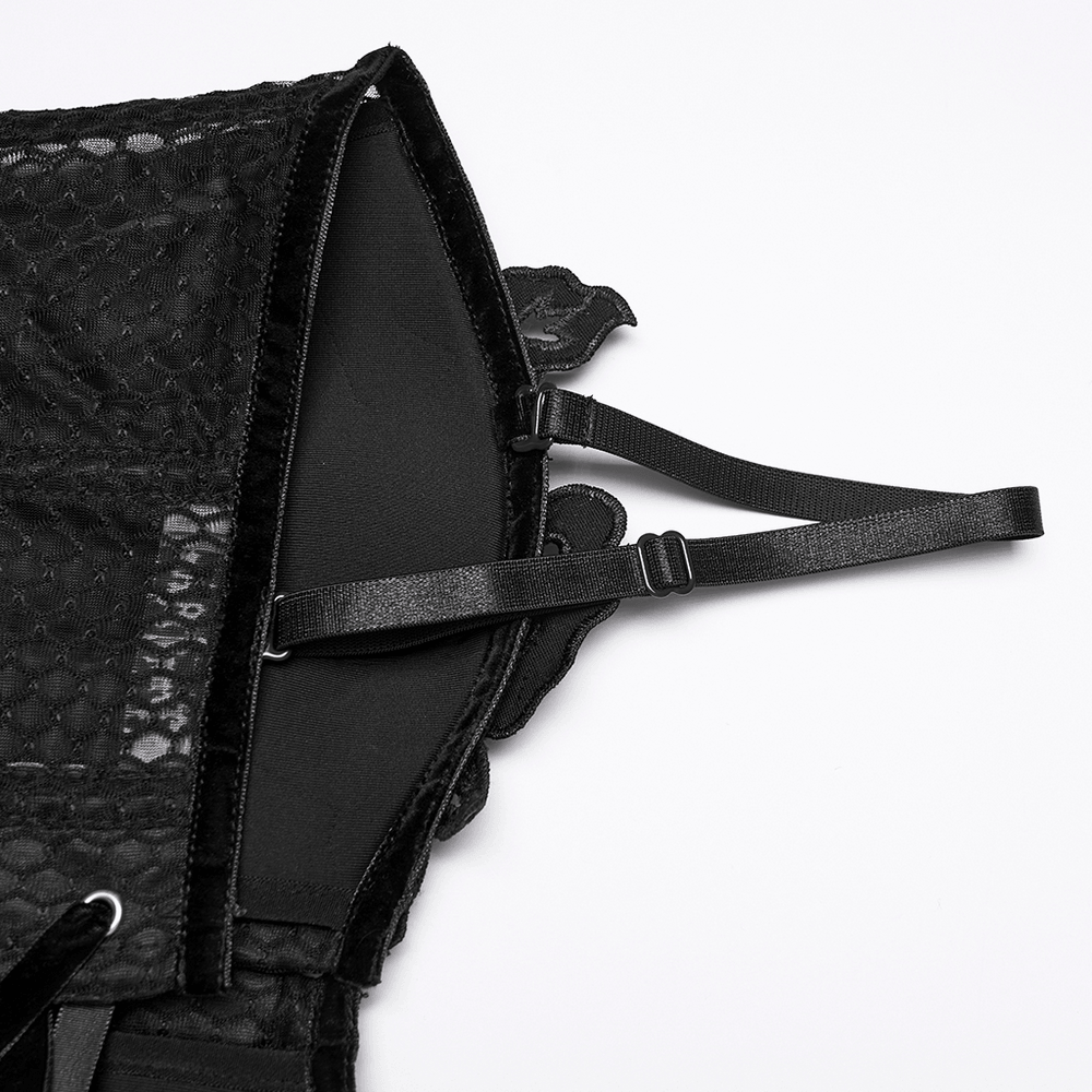 Gothic Mesh Corset Top with Velvet Rose Appliques showing detailed interior straps and micro elastic mesh design.