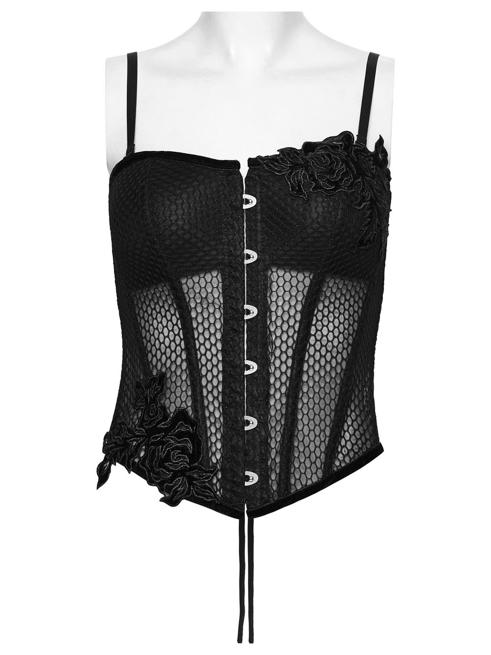 Gothic Mesh Corset Top with Velvet Rose Appliques showcasing sheer mesh and handmade velvet rose details.