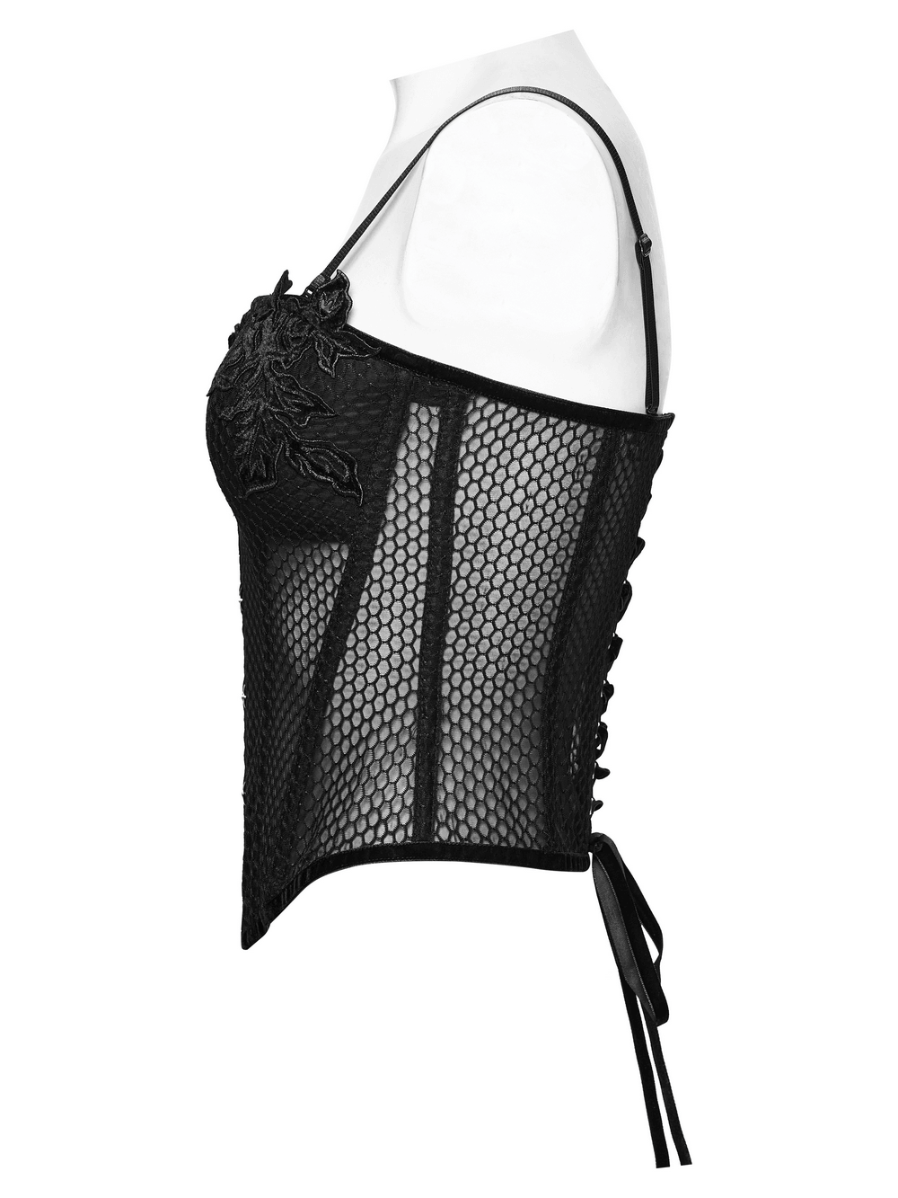 Gothic Mesh Corset Top with Velvet Rose Appliques featuring a sheer mesh design and asymmetrical rose embellishments.
